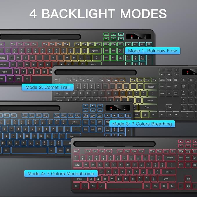 Wireless Keyboard with 7 Colors & 4 Modes RGB Backlit, Ergonomic Keyboard with Wrist Rest, Phone Tablet Holder, 2.4G Light Up Computer Keyboard with Numeric Keypad for Mac, Windows