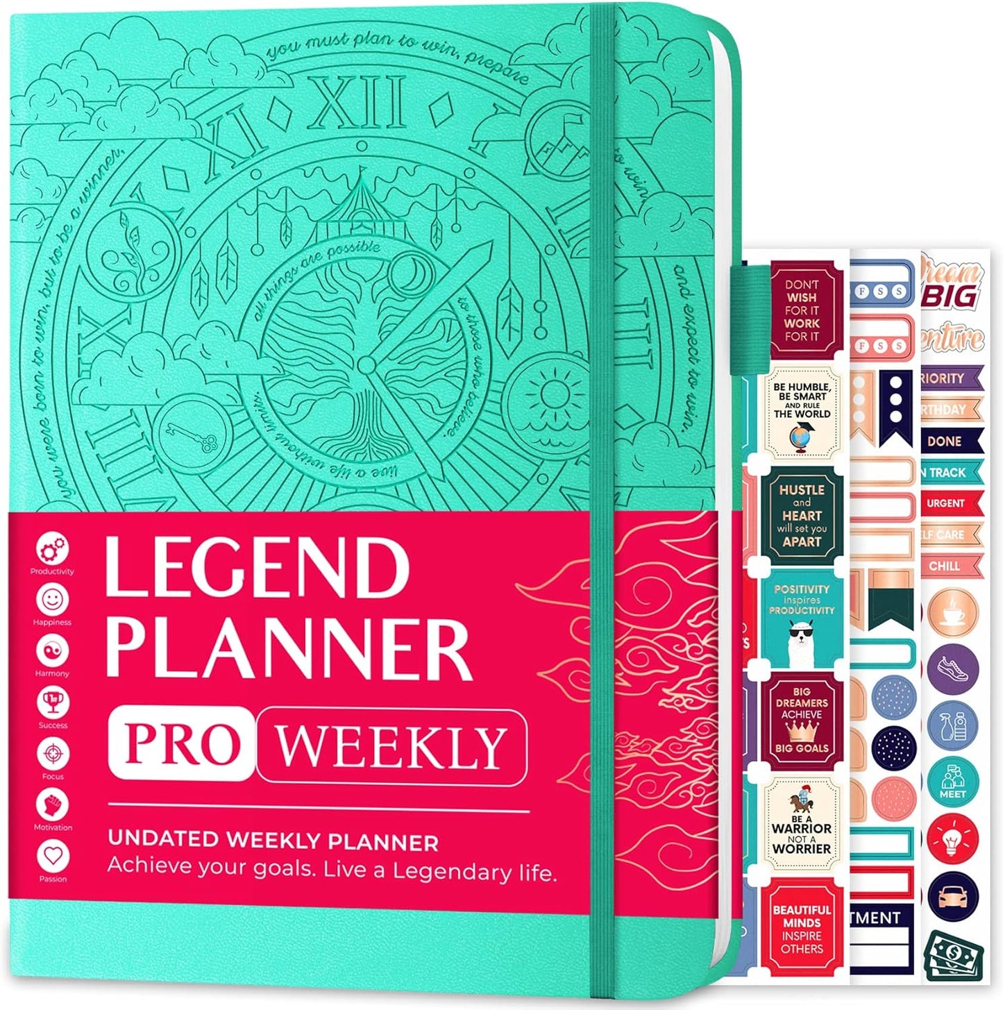 Legend Planner PRO – Deluxe Weekly & Monthly Life Planner to Increase Productivity and Hit Your Goals. Time Management Organizer Notebook – Undated – 7 x 10" Hardcover + Stickers – Mint Green