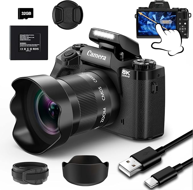 8K 64MP Digital Camera for Photography, Vlogging Camera with Autofocus, WiFi, 4Inch Touchscreen, 16X Digital Zoom, 3000mAh Battery, Dual-Lens, Lens Hood, 32GB TF Card and Flash,Black