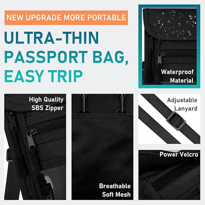 sundee Travel Neck Wallet with Double Zippers, RFID Blocking Passport Holder with Adjustable Neck Strap for Men and Women to Keep Cash, Credit Cards and Travel Documents Safe - Black