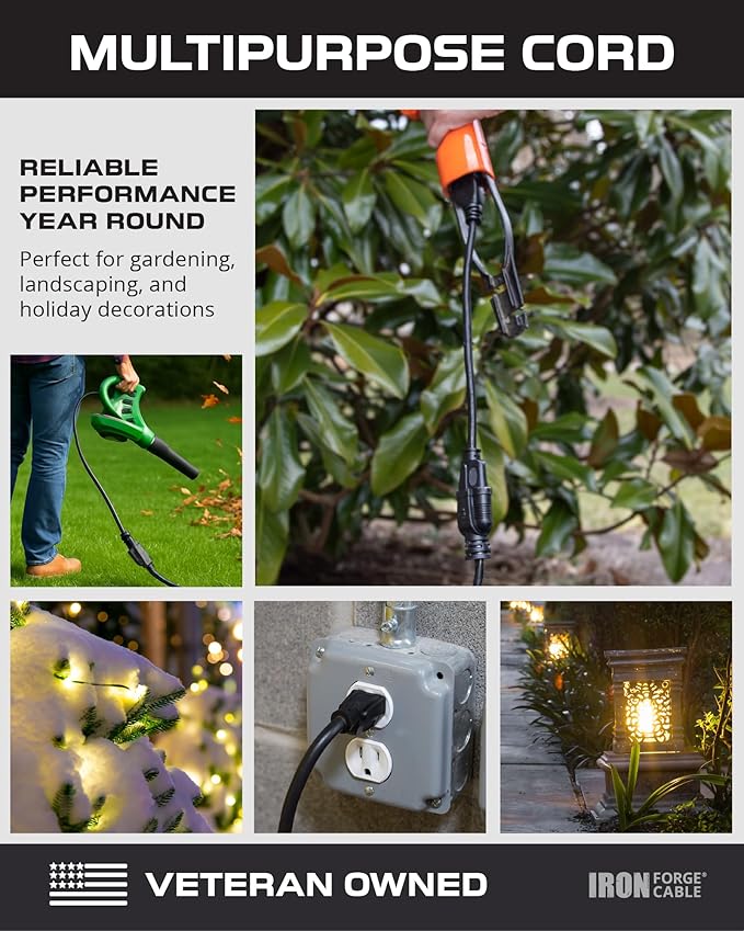 Iron Forge Cable 2 Pack 10 Ft Black Extension Cord, 16/3, 10 Foot Extension Cord, 3 Prong, Weatherproof - Great for Outside Use