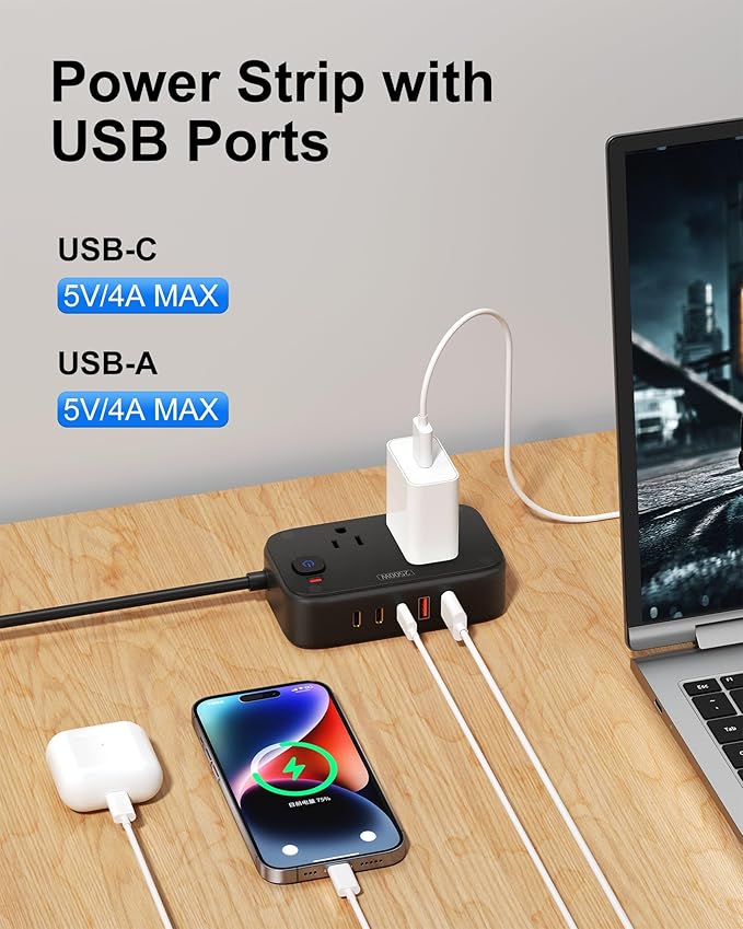 Power Strip with USB C - 40W Charging Station with 2 Outlets 3 USB A & 2 USB C - Charger for Multiple Devices, 5Ft Flat Plug Extension Cord, Non Surge Protector for Cruise Travel Office(Black)