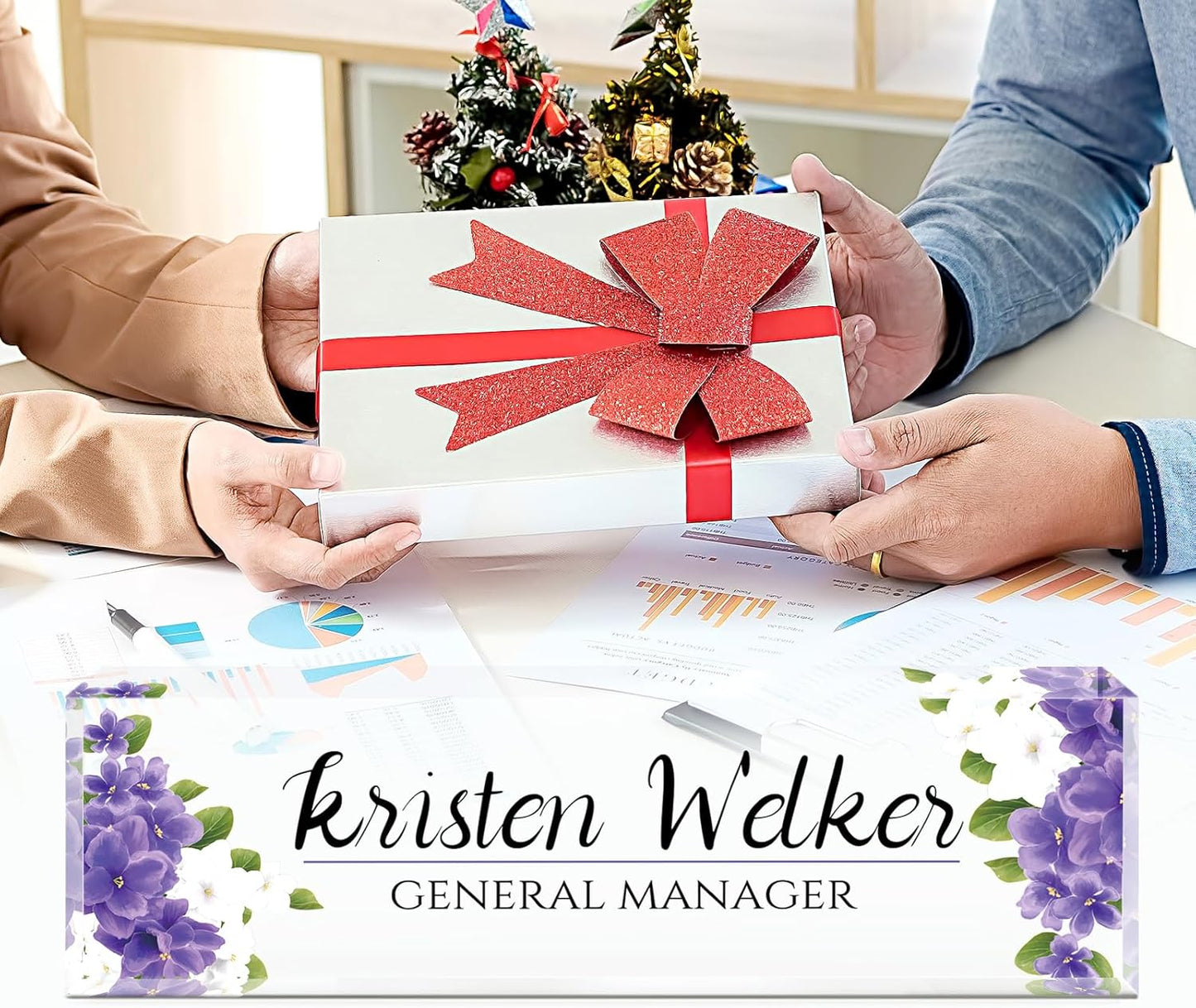 Custom Name Plate for Desk, Desk Name Plate Personalized, Office Decor for Women, Acrylic Desktop Accessories, Office Appreciation Gifts for Boss Social Workers Nurse Teacher Employee(Purple Flowers)