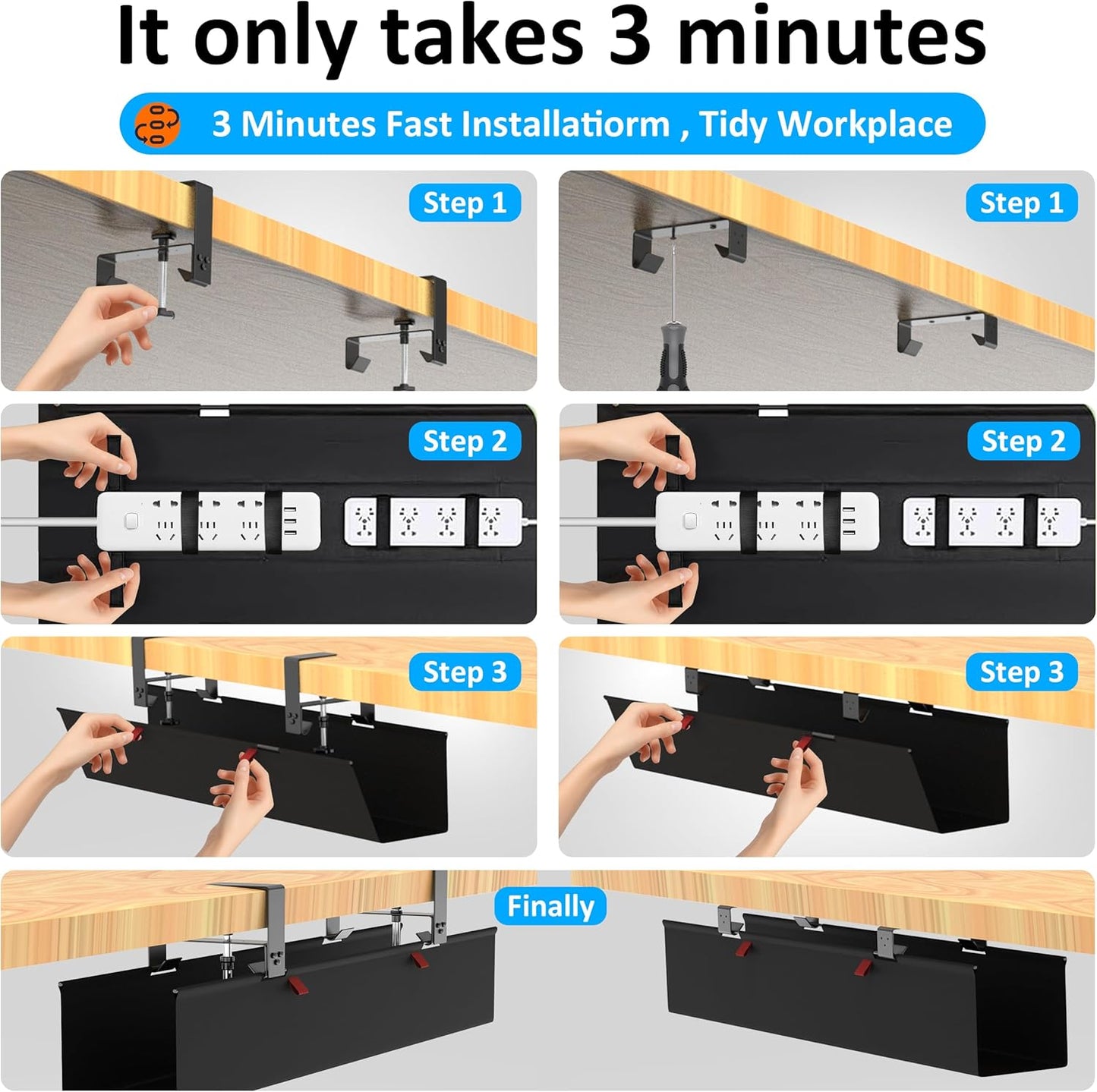 Under Desk Cable Management Tray - Under Desk Cord Management - Clamp/Screw Mount - Fabric Wire Management - Cable Raceways Tray Cord Hiders for Office/Home (Black, 35.8"×5.6")