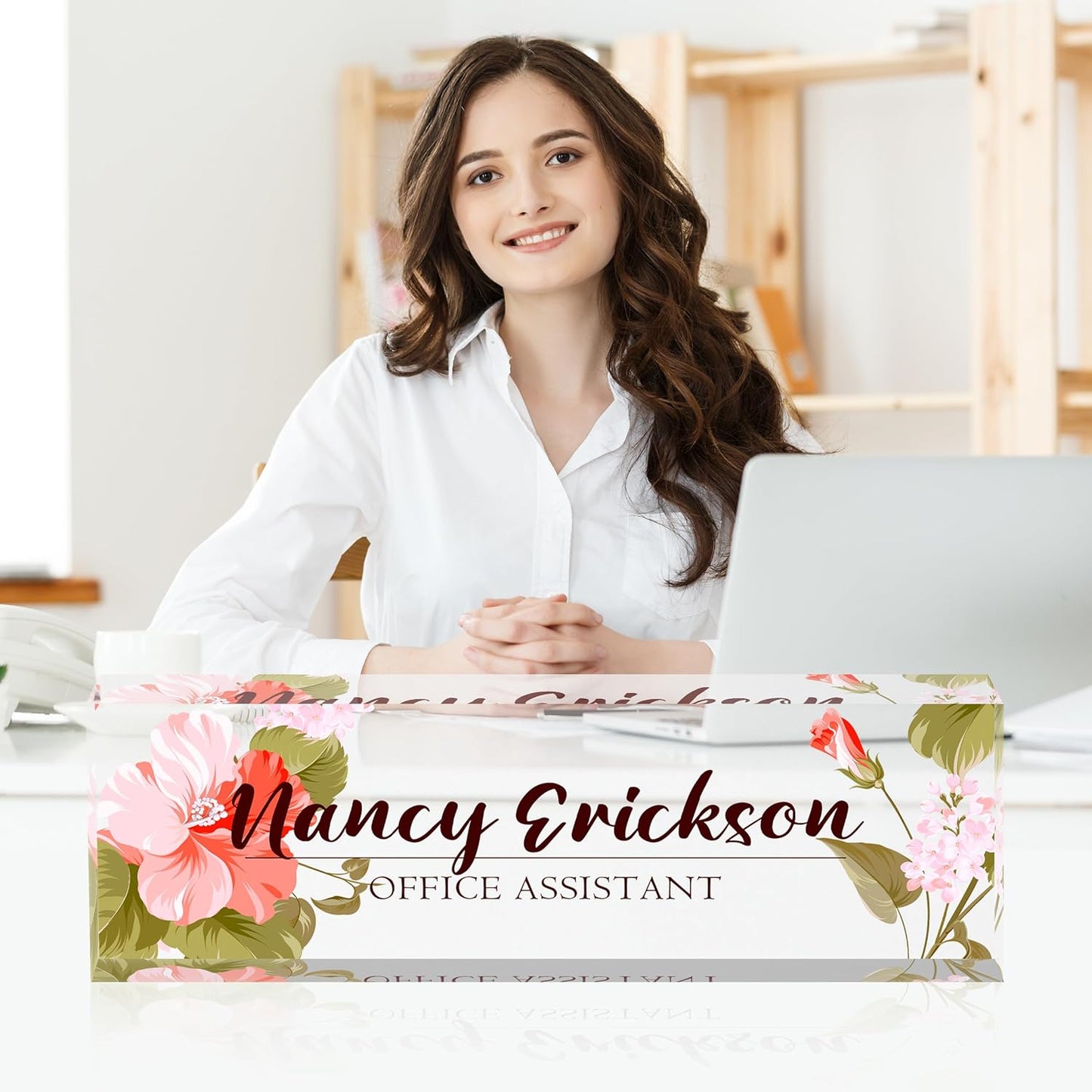 Acrylic Name Plate Personalized, Teacher Name Plates for Desks Classroom, Gifts for Teacher Boss Employee Appreciation Office Desk Decor (Pink Flowers)