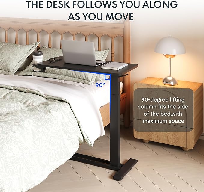 FLEXISPOT H7 Adjustable Overbed Bedside Table with Wheels Pneumatic Mobile Standing Desk Laptop Desk Rolling Computer Cart Movable Overbed Tables Hospital Home Use(27.6" W x 15.7" D, Black Table)