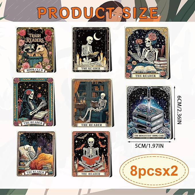Skeleton Tarot Magnetic Bookmark Gifts - Wxiben 16 Pcs Gothic Skull Reading Bookmarks Magnetic Funny Horror Skeleton Book Markers Magnets Page Clip Gift for Women Men Reader Students Teacher Office