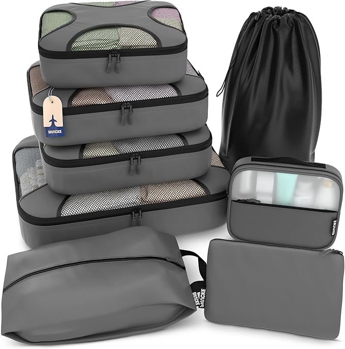 Shacke Premium 8 Packing Cubes Set - Lightweight Mesh Travel Luggage Organizers with Laundry Bag, 8-Piece Suitcase Storage System (Dark Grey)