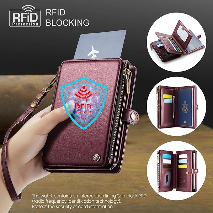 Passport Holder Wallet Bag with AirTag Holder, 11 Card Slots and Passport Solt Cash Solt Photo Solt Zipper Pocket, RFID Blocking Wristlet Strap.Wine