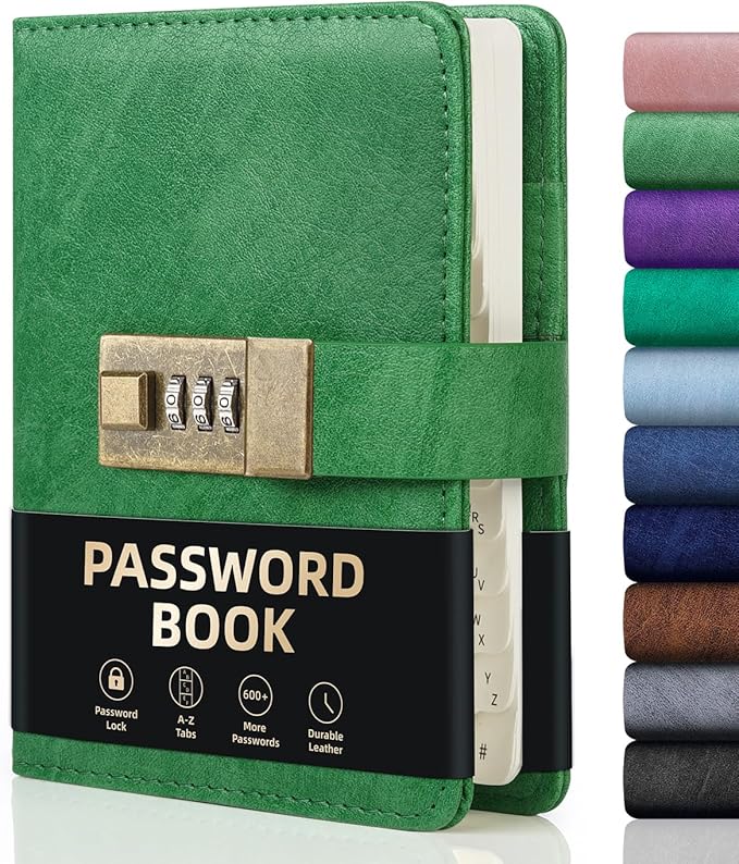 WEMATE Password Book with Lock, Password Book with Alphabetical Tabs 600+ Password Space, Organizer Logbook, Password Keeper for Computer & Website Logins 4.33X6.18 Inch Grass Green