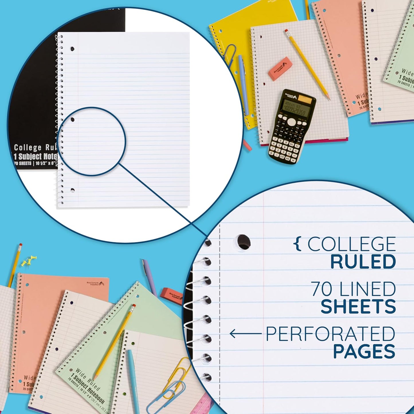 Blue Summit Black Spiral Notebooks Bulk, One Subject Spiral Notebook College Ruled, Perforated Notebook, 8 x 10.5 for Work and School, Paper, College Ruled, Bulk 48 Pack
