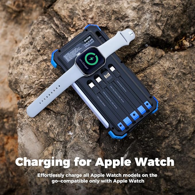BLAVOR Solar Power Bank 20000mAh/74000mWh Built-in Cables, Wireless Charger for Apple Watch, 20W Fast Charging Battery Pack with USB C, Flashlight, Solar Charger for iPhone, iPad, iWatch, Samsung
