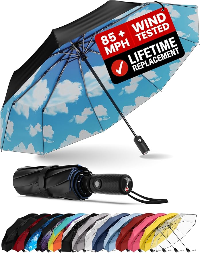 REPEL Windproof Travel Umbrella - Compact & Withstands Winds up to 85MPH , Strongest Premium Auto Folding Umbrella for Rain and Sun - Durable, Light & Portable for Women & Men , Fits Backpack & Cars