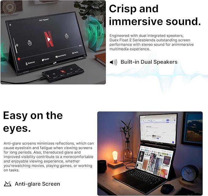 New Mobile Pixels Duex Float 2.0 Portable Stacked Monitor, FHD IPS 15.6" Laptop Screen Extender (Built-in Kickstand), USB C/HDMI Monitor Extender with Dual Speakers, Windows, MacOS, Switch, Android