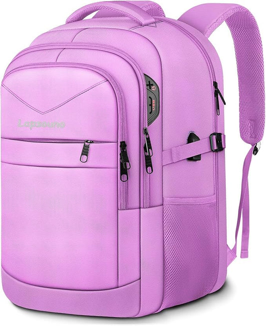 Lapsouno Large Laptop Backpack, Travel Laptop Backpack, 17.3 Inch Carry on Backpack with USB Port, TSA Travel Bag for Women, College School Backpack for Women, Light Purple