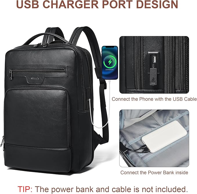 Shrrie Leather Laptop Backpack for Women and Men,28 L Travel Backpack Computer Bag Fits 16 inch Laptop,Expandable Casual Daypack with USB Charging Port for Work Business Weekender College,Black