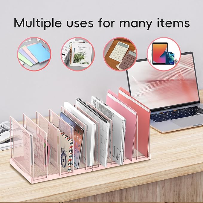 9-Section Desk File Organizer, Vertical File Holder, Mesh Desktop File Folder Metal File Organizer Stand for Office Home Classroom, Pink