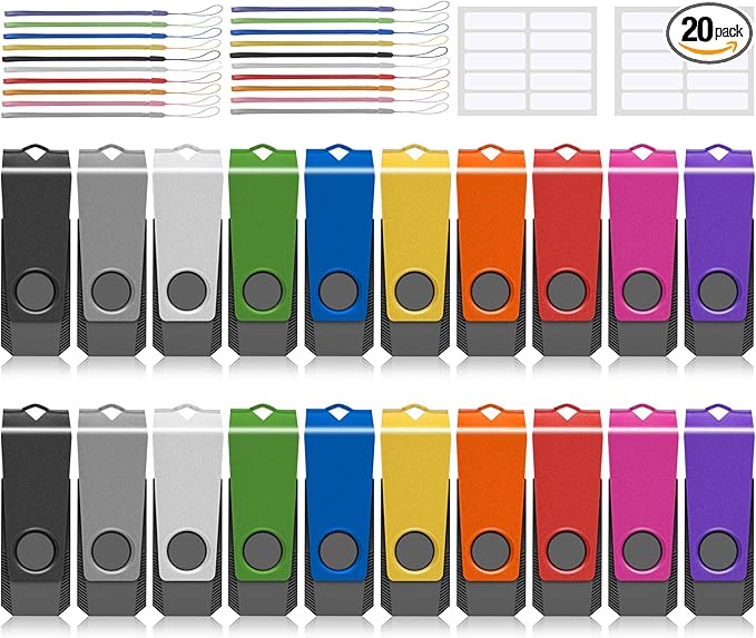 USB Flash Drives 20 Pack 16GB Flash Drive AGECASH A USB 2.0 Thumb Drive Jump Zip Drive Flashdrive Memory Stick Pendrive for Data Storage & Transfer with 20PCS Lanyard (Multi-Colored, 16GB)