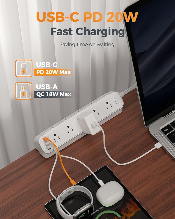 Desk Clamp Power Strip 6Ft, TESSAN Flat Extension Cord with Multiple Outlets, 10 Outlets with 4 USB (2 USB C), Flat Plug, 1625W, Charging Station for Gaming Cruise Travel Office Dorm Room, White