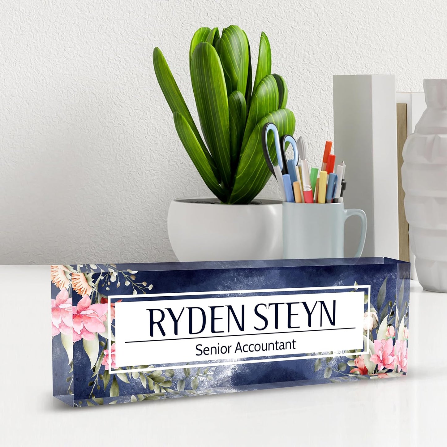 Acrylic Name Plate Personalized, Teacher Name Plates for Desks Classroom, Gifts for Teacher Boss Employee Appreciation Office Desk Decor (Midnight Flowers)