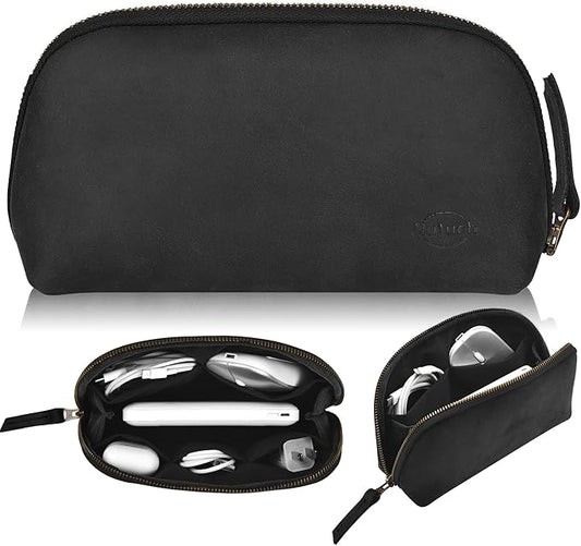 Leather Tech Pouch for Cables Chargers Phone | Tech Bag | Zipper Travel Accessory Pouch | Electronic Organizer Case Travel Bag (Black)