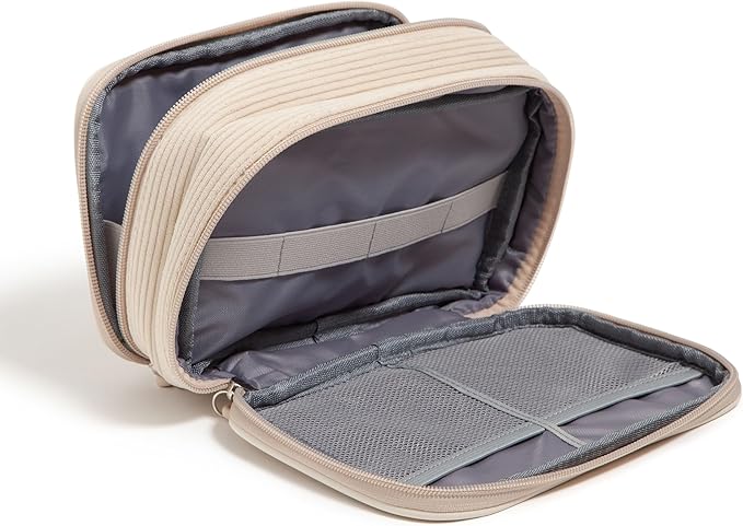 U Brands Dual Zip Corduroy Travel Electronics Organizer, Tech Travel Case, Portable Travel Bag, Cord Storage, 8" x 5.25" x 2.5", Sand Beige