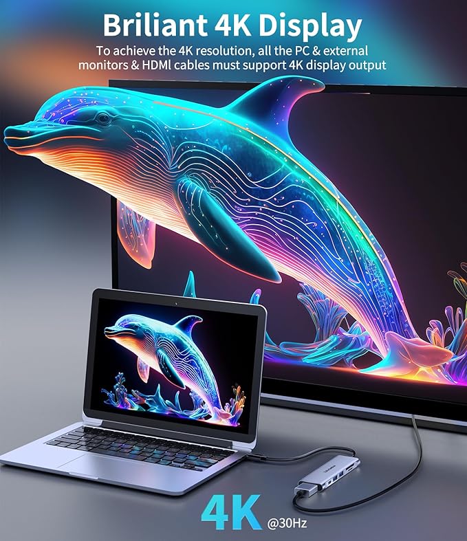 USB C Hub 7-in-1 USB-C Dongle with 4K HDMI Multiport Adapter, 2×Powered USB-A 3.0 5Gbps, 100W PD Charging, TF/SD Card Reader for MacBook Pro/Air and Other Type C Ports Laptops (Silver)