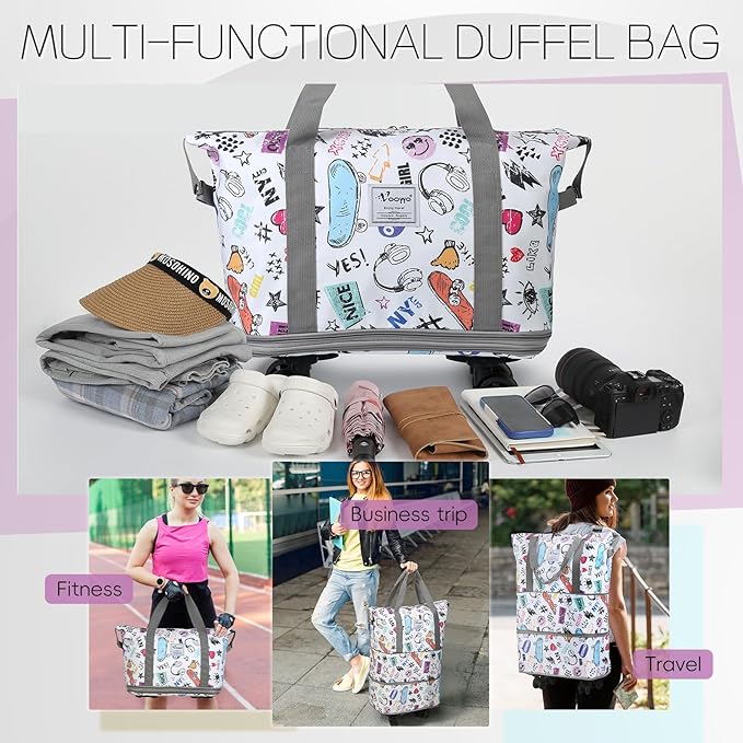 VOOWO Rolling Duffel Bag with Wheels - Foldable Expandable Duffle Bag with Wheels for Travel, Rolling Luggage Bag Carry On Bag with Wheel, Large Rolling Backpack Weekend Bag for Men Women (White)