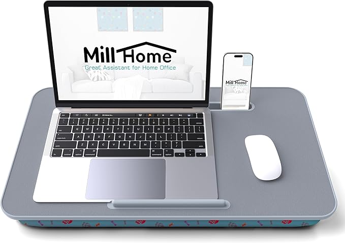 Millhome Lap Desk | Portable Laptop Desk – Fits Up to 17.3" Laptops – Detachable & Washable Cushion, Phone Holder, Device Ledge – for Writing, Working, Reading on Bed, Couch, Floor – Maui Blue Skull