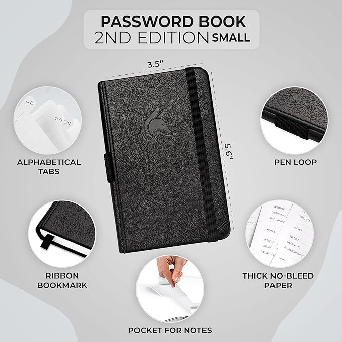 Clever Fox Password Book 2nd Edition Small – Pocket Password Keeper with Alphabetical Tabs – Internet Address Notebook & Login Details Organizer Journal – 3.5x5.6” (Black)