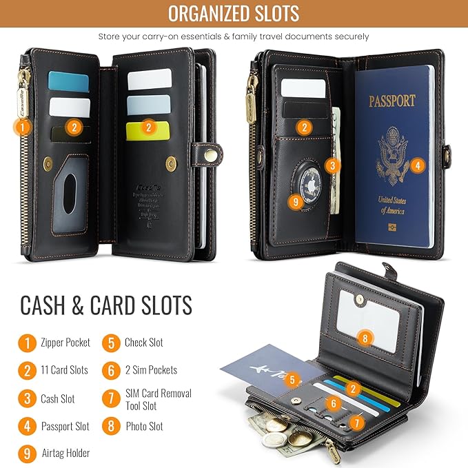 Passport Holder Wallet Bag with AirTag Holder, 11 Card Slots and Passport Solt Cash Solt Photo Solt Zipper Pocket, RFID Blocking Wristlet Strap.Black