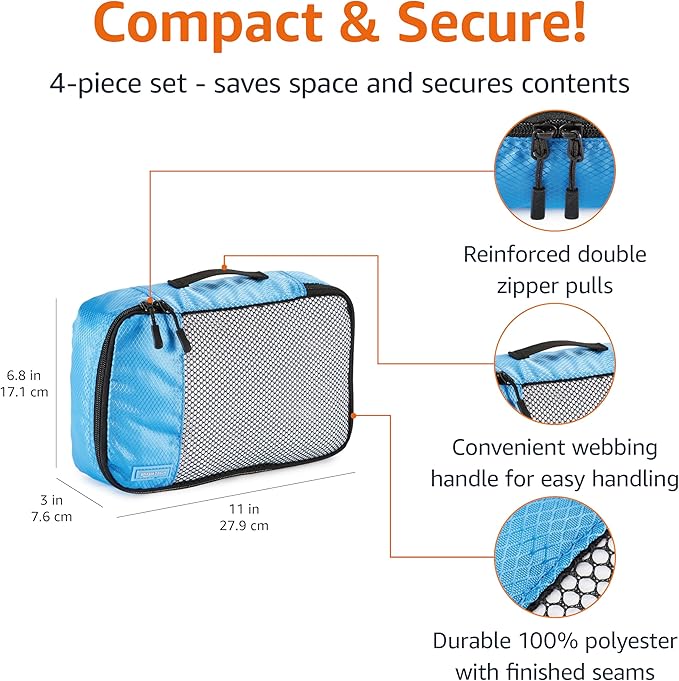 Amazon Essentials 4-Piece Packing Cubes Travel Accessories Set, Luggage Organizer with Double Zipper, Mesh Top, 100% Polyester, Small, Sky Blue (Previously Amazon Basics)