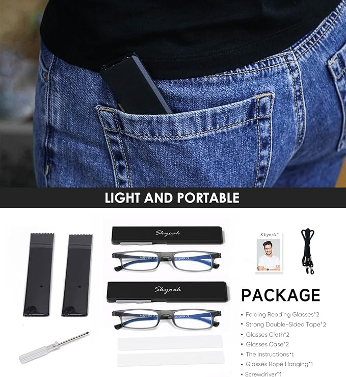 2 Pack Ultra thin Lightweight Folding Reading Glasses Women Men TR90 Blue Light Blocking Anti UV/Eyestrain Foldable Compact Computer Readers Portable Unique Stretchable Slim Flat case Gunmetal, +3.0