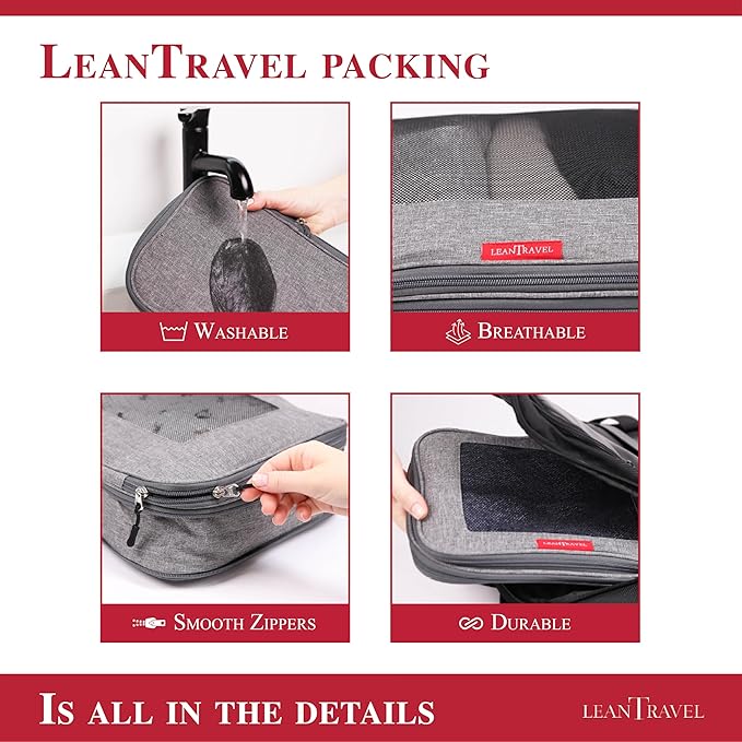 LeanTravel Compression Packing Cubes for Travel Organizers with Double Zipper (3-Pack (2L+1M), Grey)