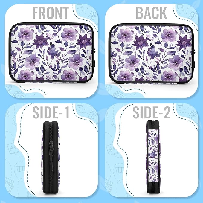 Purple Floral Electronics Travel Organizer Case, Tech Accessories Cable Storage Bag for Cords, Charger, Phone, Hard Drive