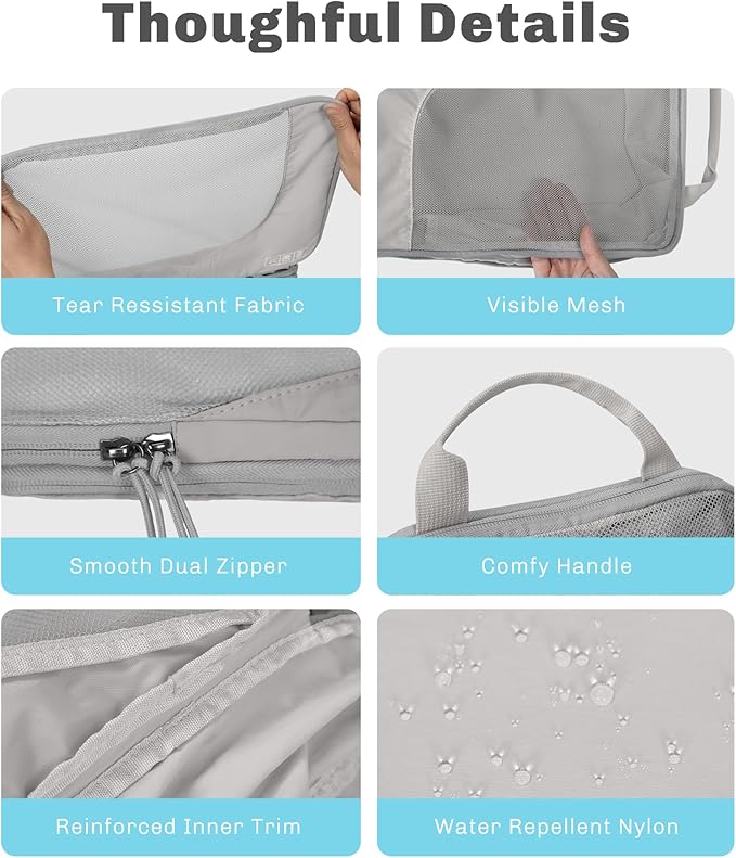 Hynes Eagle 6 Set/ 4 Set/ 2 Set Compression Packing Cubes Travel Essentials Lightweight Nylon Luggage Suitcase Organizer Bag Light Grey 2PCS