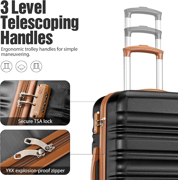 LONG VACATION Carry On Luggage Sets 3 Piece 20 Inch Suitcase Set, ABS+PC Hardshell Lightweight Travel Luggage with Spinner Wheels & YKK Zipper TSA Lock (20 INCH (BP/TB), BLACK-BROWN)