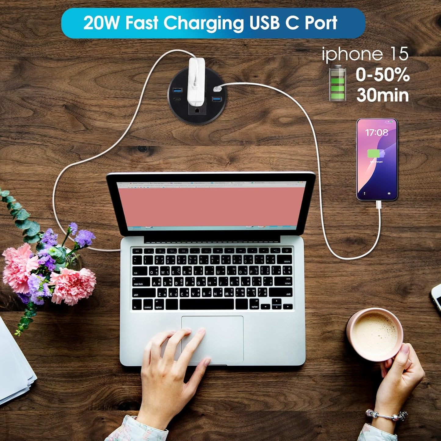 6 in 1 Desk Power Grommet Dia 3.15‘’(80mm), 40W Recessed Power Strip with Dual 20W USB-C Fast Charging, Flush Mount USB Outlet for Desk, Tables&Furniture, fits 3-1/5'' ~ 3-3/8'' Hole (1 Pack)