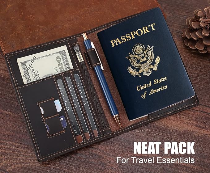 STAR VISTA Phoenix Leather Passport Holder, Cowhide Leather Travel Wallet - RFID Blocking, ID Window, Zipper Pocket, Pen & Notebook Included, AirTag Holder, Dark Chocolate