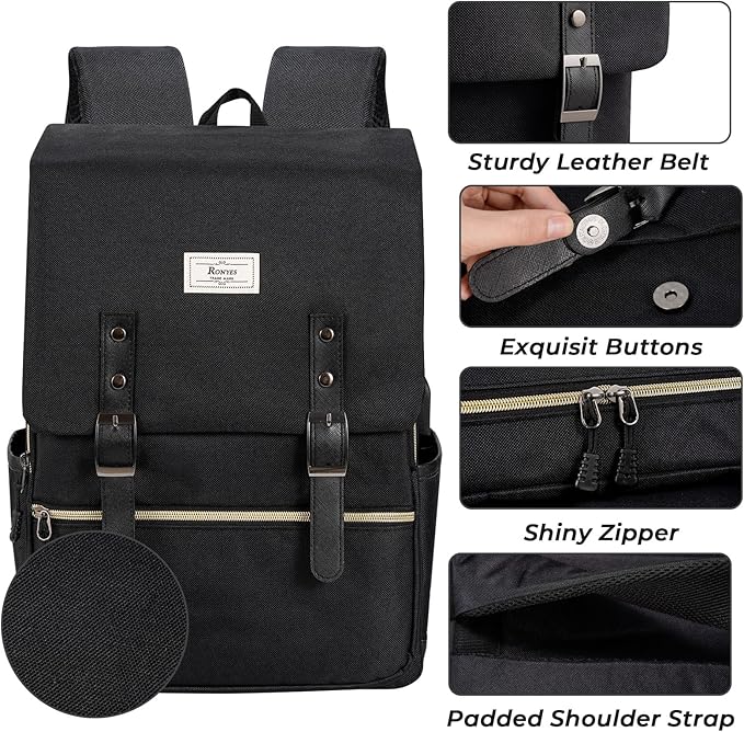 Ronyes Vintage Laptop Backpack for Women Men,15.6 inch Bookbag Casual Daypack with USB Charging Port for College Work, All Black Backpacks