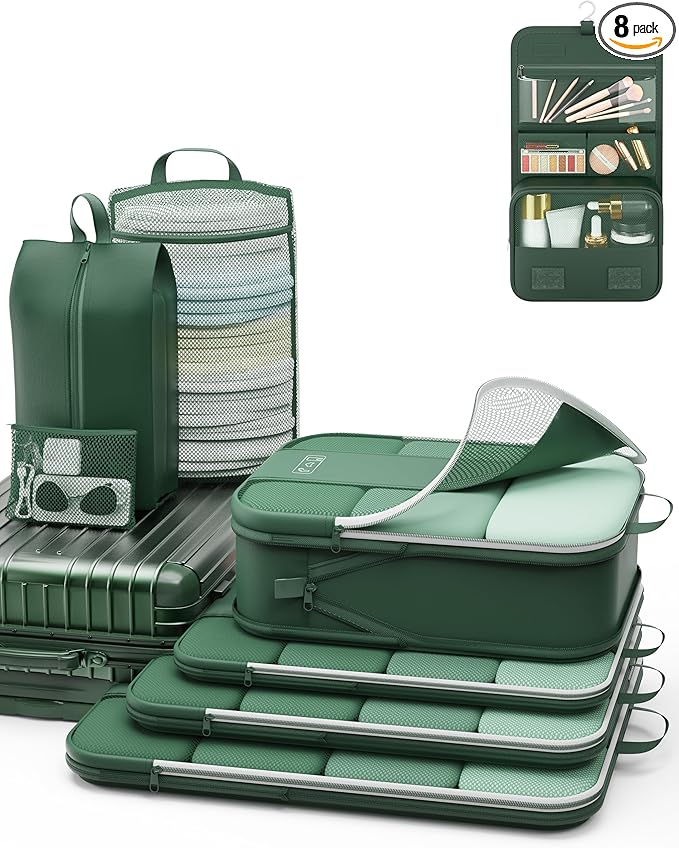 8 Set Compression Packing Cubes for Travel Essentials,Compressible Expandable Packing Cubes for Suitcase,OlarHike Luggage Organizer Bags for Travel,Handy Helper for Organizing Clothes(Dark Green)