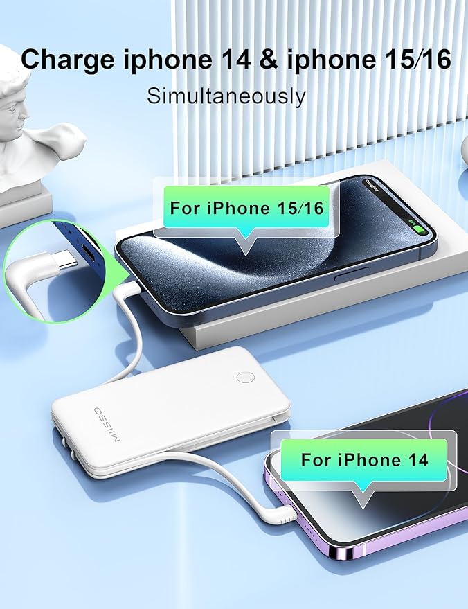 miisso Ultra Slim 10000mAh Power Bank Built-in Cables and Foldable AC Wall Plug, Pocket Size USB C Portable Charger, External Battery Pack Compatible with iPhone Samsung iPad etc, White