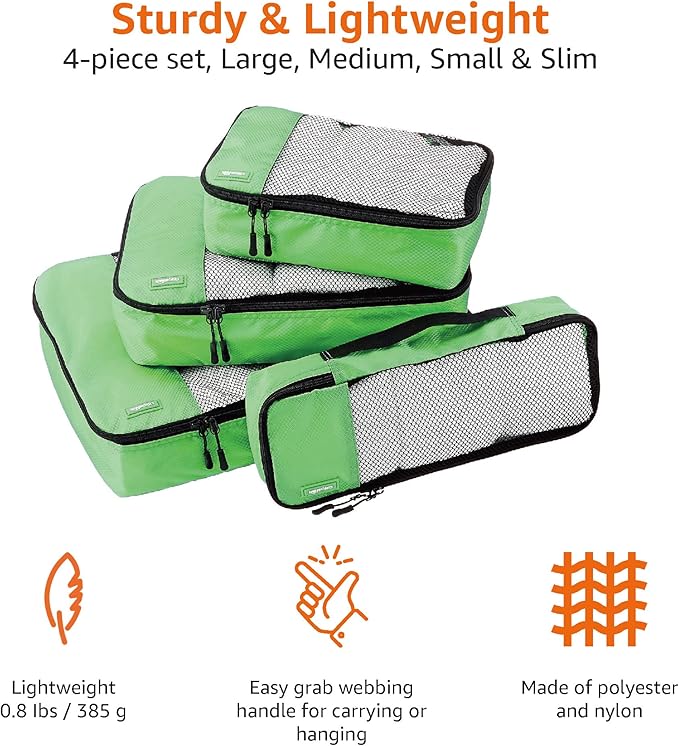 Amazon Essentials 4-Piece Packing Cubes Travel Accessories Set, Luggage Organizer with Double Zipper, Mesh Top, 100% Polyester, Small/Medium/Large/Slim, Green (Previously Amazon Basics)