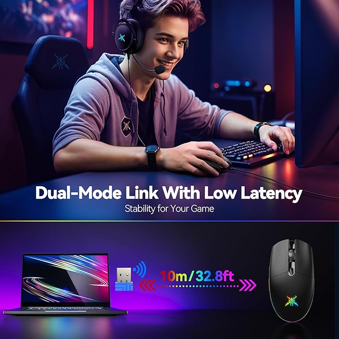 TECKNET Wireless Gaming Mouse Rechargeable - 8000 DPI, Long-Lasting 100Hrs Battery, RGB Backlit, 6 Programmable Buttons, Dual Connectivity (2.4G + USB-C) for PC, Mac, Laptop - Black