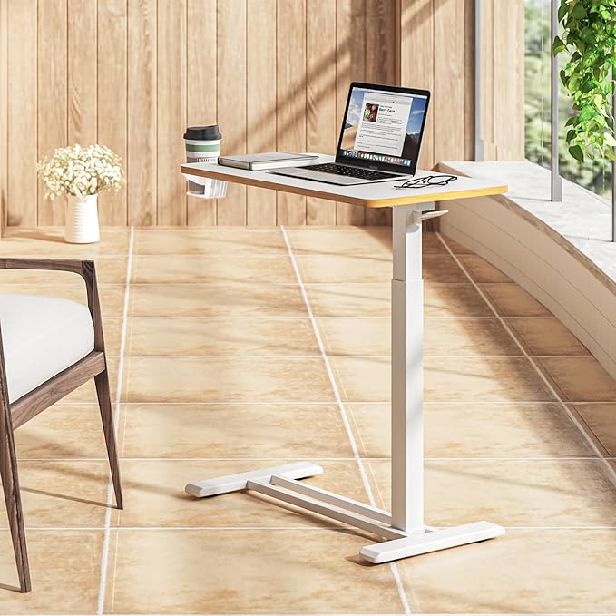 SANODESK Medical Adjustable Overbed Bedside Table with Hidden Casters, Pneumatic Mobile Laptop Computer Standing Desk Cart Overbed Table with Tray, Hospital and Home Use(27.6" W x 15.7" D, White)