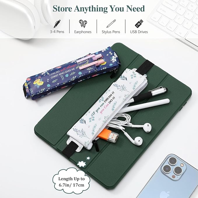 MoKo Elastic Pen Holder for Notebook, 4 Pieces PU Leather Pencil Case with Pocket Adjustable Band, Stationery School Supplies Zipper Bag for Planners, Journals, Book