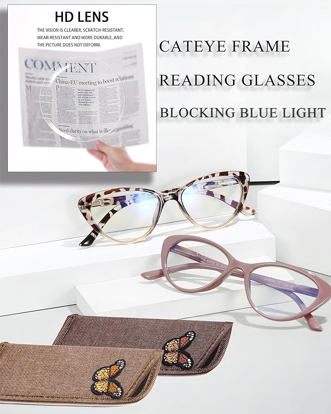EYEURL Cat Eye Reading Glasses for Women 2 Pair Blue Light Blocking Readers 2.50 Comfort Spring Hinge Lightweight Eyeglasses Anti Glare for Ladies