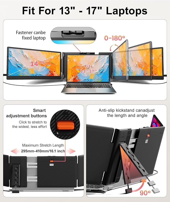 Laptop Screen Extender, 14" FHD 1080P Triple Portable Monitor, Plug & Play Screen Extender, Auto Adjust Width Dual Monitor for 13" - 17" Laptops, Compatible with MacOS/Wins/Chrome/Dex