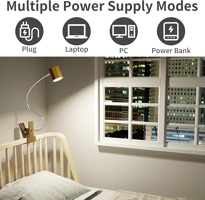 Dott Arts Desk Lamp,USB Clip On Light with 3 Color Modes,LED 10 Levels Brightness Reading Lamp, 360° Gooseneck Book Light,Eye-Care Reading Light for Home Office,Headboards Gold, DA-3.5W-01