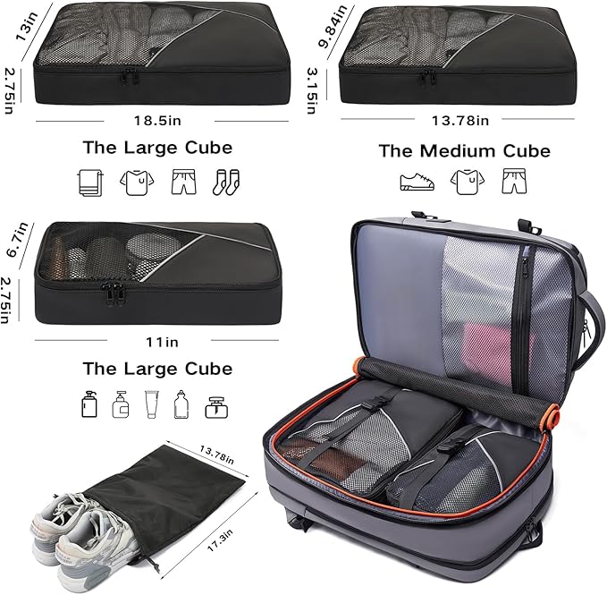 Laptop Backpack for Women, 50L Carry On Backpack Men, Expandable Flight Approved Water Resistant Luggage with 3 Packing Cubes & USB Port, Travel Backpack Fits 17.3 Inch Notebook